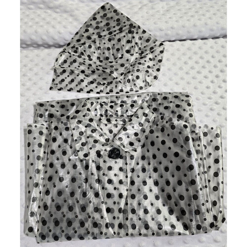 Vintage Clear Black Polka Dot Vinyl Rain Poncho Cape  Hood Made In Taiwan Set - Picture 12 of 12
